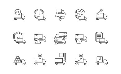 This curated collection of highquality vector line icons highlights key aspects of commercial fleet management, focusing on trucks and essential elements for efficient logistics operations