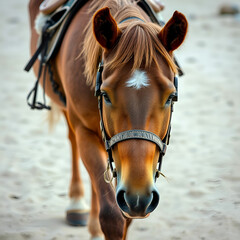 Obraz premium Shallow focus vertical shot of a brown horse wearing a harness walking on a sandy ground