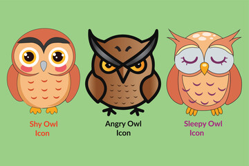  Three expressive owl icons set.