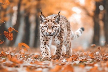 Fototapeta premium Eurasian Lynx Walking Through Autumn Leaves