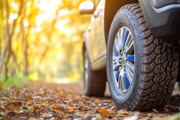 Close-Up of a Vehicle Tire on a Woodland Path Surrounded by Fall Leaves with Soft Backlighting Creating a Warm Atmospheric Effect