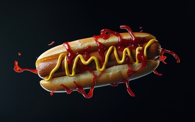 A hotdog flying with ketchup and mustard streaks dynamically suspended