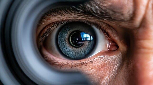 Close-up of a watchful eye peering through a circular aperture