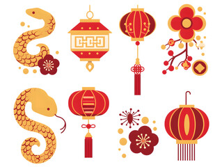 Traditional chinese Lunar new year, year of the snake Elements icon set collection template png cutout