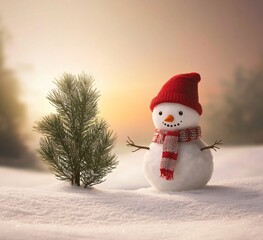 Adorable Snowman in Red Hat and Scarf Winter Sunset Scene