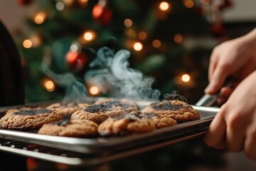 Person removes burnt cookies from oven. Christmas tree in background with warm lights. Smoke rises from baking tray. Festive holiday baking mishap. Cozy winter scene. Homemade Christmas treats gone