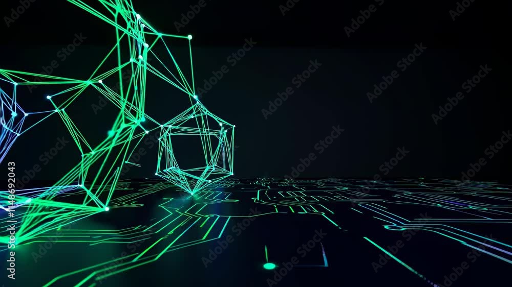 Poster exploring a futuristic digital landscape with glowing networks and circuitry patterns