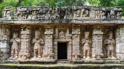 Fototapeta premium Ancient stone carvings, figures, doorway, jungle backdrop.