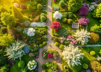 Fototapeta premium Aerial View White Garden, Blooming Flowers, Drone Photography, Floral Harmony Wallpaper Design