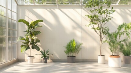 Modern minimalist greenhouse with clean, stylish design. Featuring neutral tones and sleek plant arrangements