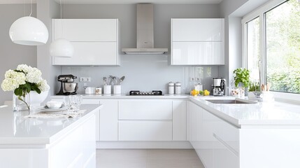 Modern white kitchen with island, appliances, and window.