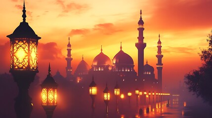 Majestic Mosque Silhouette at Sunset with Illuminated Lanterns