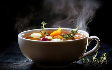 A steaming cup of soup floating with ingredients like herbs and vegetables suspended
