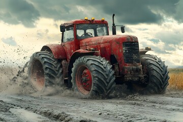 A large red tractor with large wheels moving roughly on a dirt road on a cloudy day, scattering dust and dirt.