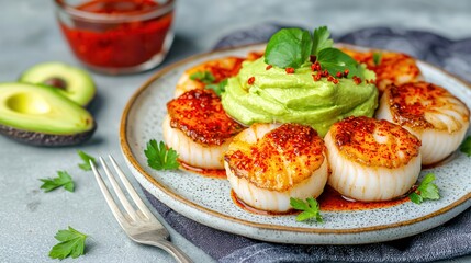 Seared scallops highlight fresh seafood. Grilled scallops with avocado puree and spicy sauce on a plate.