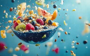 A vibrant smoothie bowl levitating with fruits, seeds, and nuts in the air