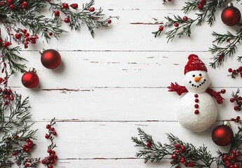 Winter Holiday Scene: Snowman, Berries, and Ornaments on White Wood