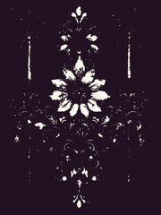 Ink stamp dark purple background with white flower and ornamental decoration 