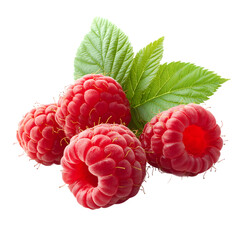 Delicious raspberries with leaves isolated on a transparent background.