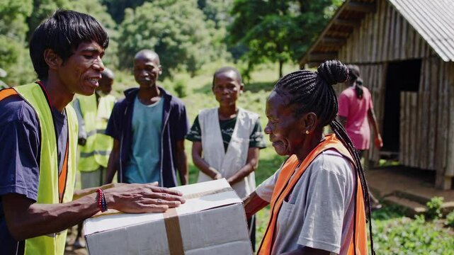 Delivery of essential supplies to remote village community in lush green surroundings