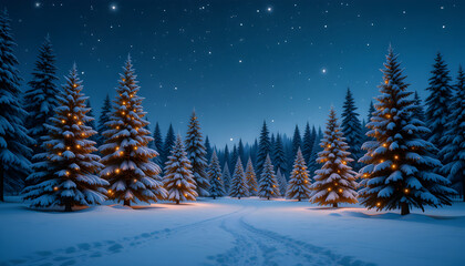 Naklejka premium Magical Winter Forest at Night with Sparkling Christmas Lights