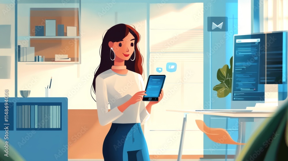 Poster a woman is using a chatbot on her smartphone in a modern office. the chatbot is powered by artificia