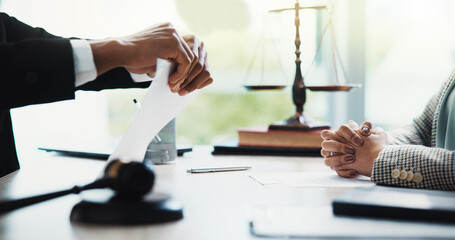 Hands, people and meeting with paper tear, legal office and contract breach for company review....