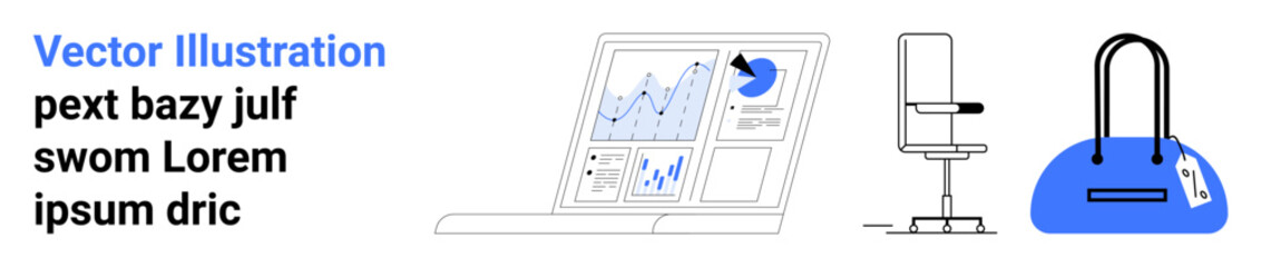 Laptop with data charts, office chair, and handbag. Ideal for business, technology, workplace, productivity, office decor business travel and digital marketing themes. Landing page