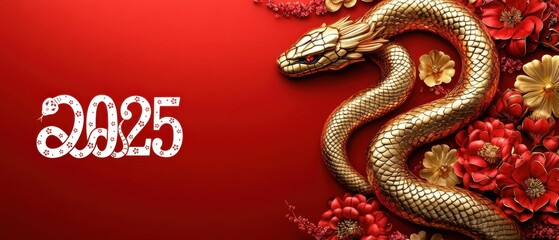Obraz premium 2025 Chinese New Year: Golden Snake with Red Flowers and Festive Design