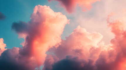 Sunset sky filled with vibrant pink and orange clouds over a tranquil horizon. 