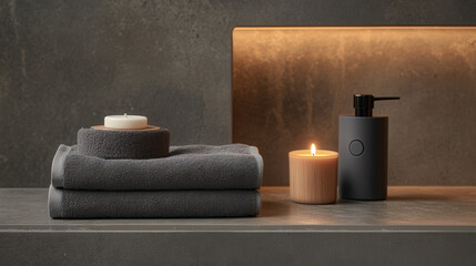 A set of fluffy gray towels folded next to a minimalist soap dispenser and