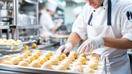 A focused chef in a professional kitchen carefully arranges dough circles on a tray, showcasing culinary precision and commitment in a bustling restaurant setting