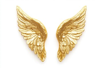 Elegant Golden Wings Displayed on White Background, Symbolizing Freedom, Spirituality, and Hope with Intricate Feather Details and Luxurious Finish