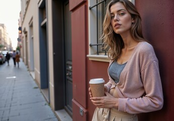 Stylish Woman Holding Coffee Cup While Walking in Urban City Street