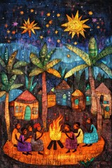 Obraz premium Night scene: village, fire, figures, stars, stylized houses.