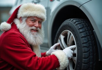 A man dressed as Santa Claus pointing at a tire on a car.