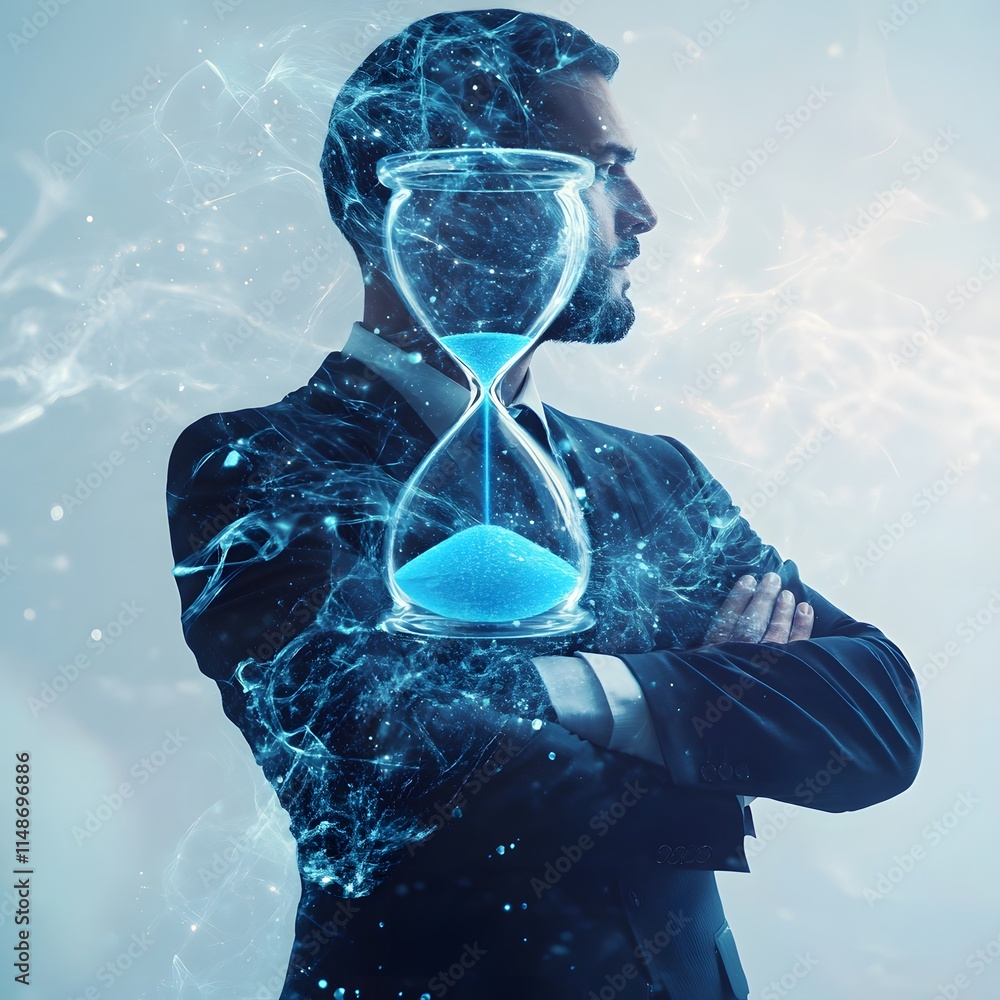 Poster Businessman with Hourglass in Hands Representing Time Management, Productivity, and Efficiency in a Modern Digital Environment with Futuristic Elements