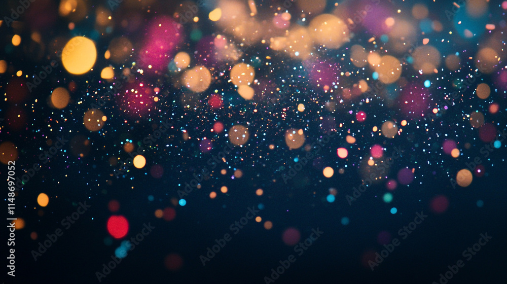 Poster colorful bokeh lights create a festive atmosphere in a dark setting.