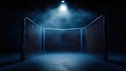 Empty MMA cage under dramatic lighting, fog effects. Blue hues dominate scene. Pro sports venue prepared for competition. Empty arena suggests anticipation, energy for event. Steel mesh cage,