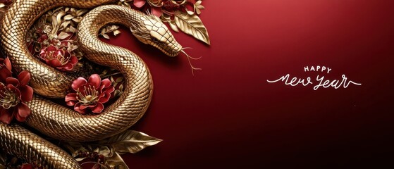 Obraz premium Golden Snake with Red Flowers, Happy New Years Greeting Card Design