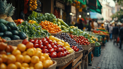 Obraz premium Vibrant market filled with fresh fruits and vegetables on a busy street during daytime