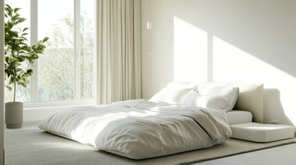Modern minimalist guest bedroom with clean, stylish decor. Featuring neutral tones and sleek lines