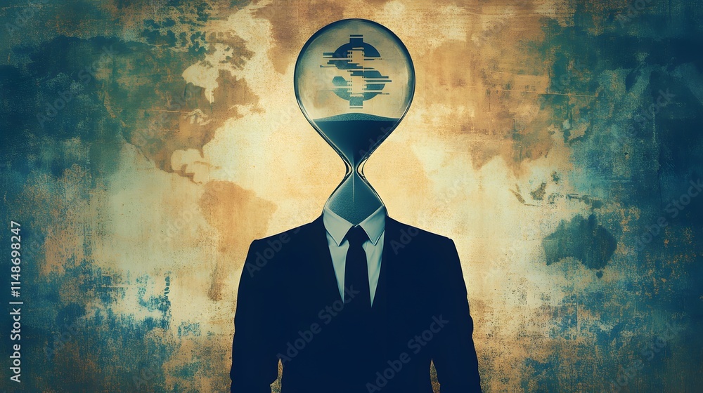 Poster conceptual image of a businessman with an hourglass for a head, symbolizing time, money, and the pre