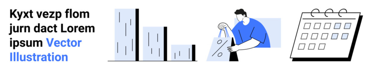 Bar graph with ascending blocks, person holding shopping bags, calendar with dates marked. Ideal for business reports, financial growth, shopping trends, time management, planning, statistics