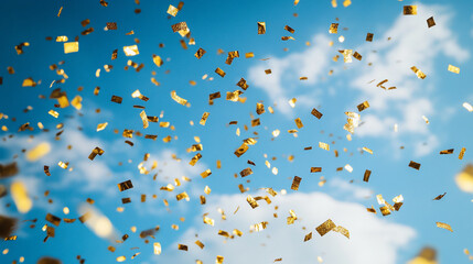 Gold confetti falling against a bright blue sky during a festive celebration. 