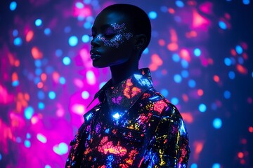 Woman Model Neon Lights Glitter Makeup Fashion
