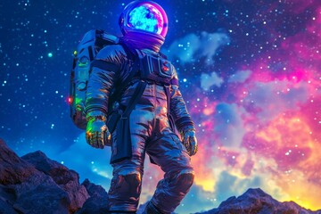 Fototapeta premium Astronaut, iridescent suit, rocky landscape, vibrant nebula.