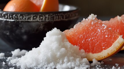 A slice of grapefruit beside a mound of salt, suggesting a culinary pairing.