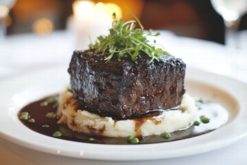 Juicy and Tender Beef Steak Served on Creamy Mashed Potatoes with Fresh Green Garnish in a Fine Dining Restaurant Setting