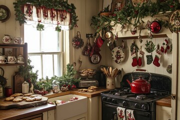 Festive kitchen, Christmas decor, baked goods, vintage stove.